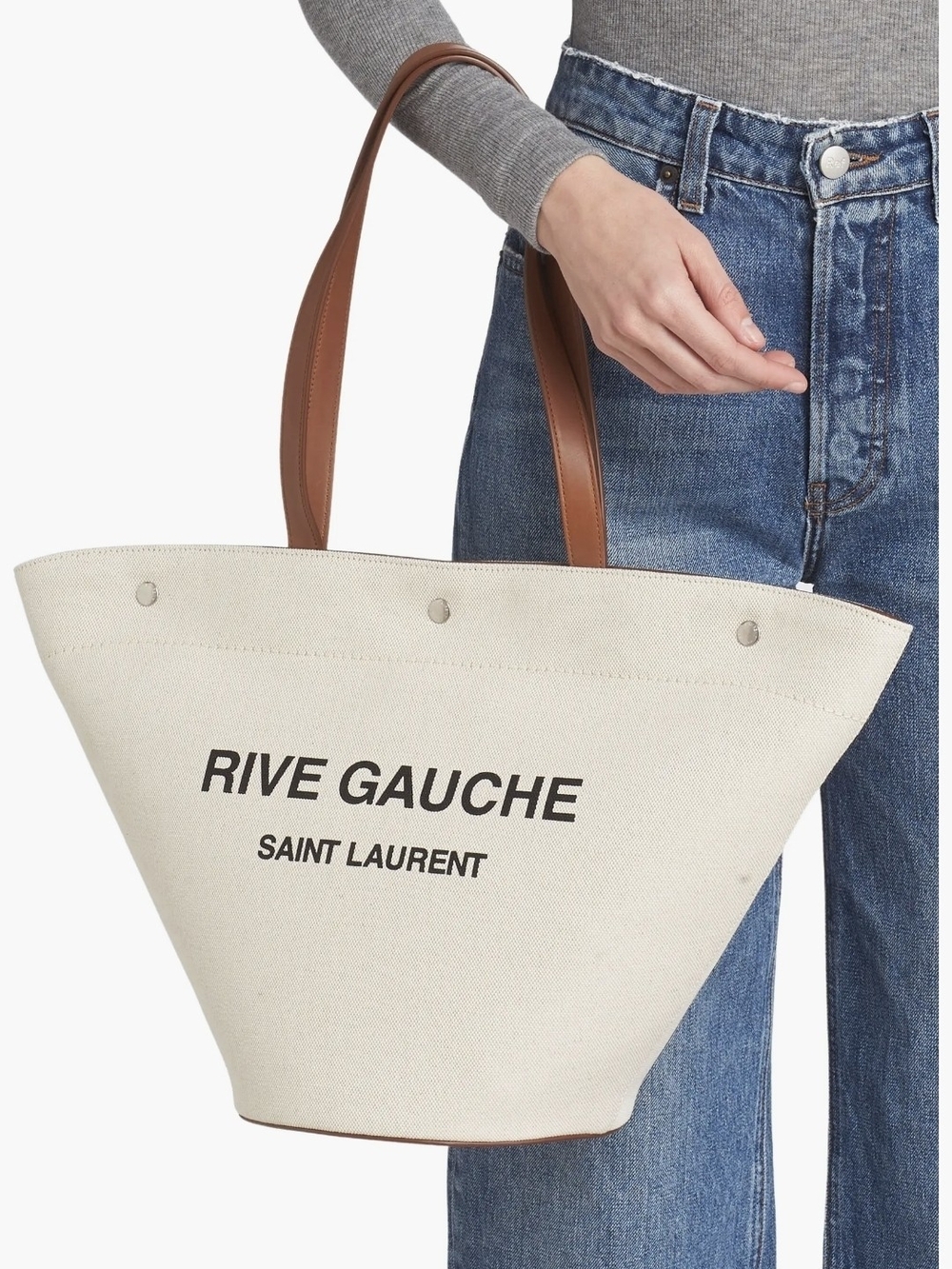 Saint Laurent Rive Gauche White Canvas Tote with Brown Leather Handles - Picture 13 of 14